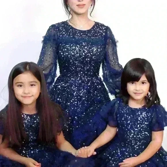 Maya Deluxe Navy Blue Sequin Party Midi Christmas/New Year's Party Dress - Picture 3 of 6